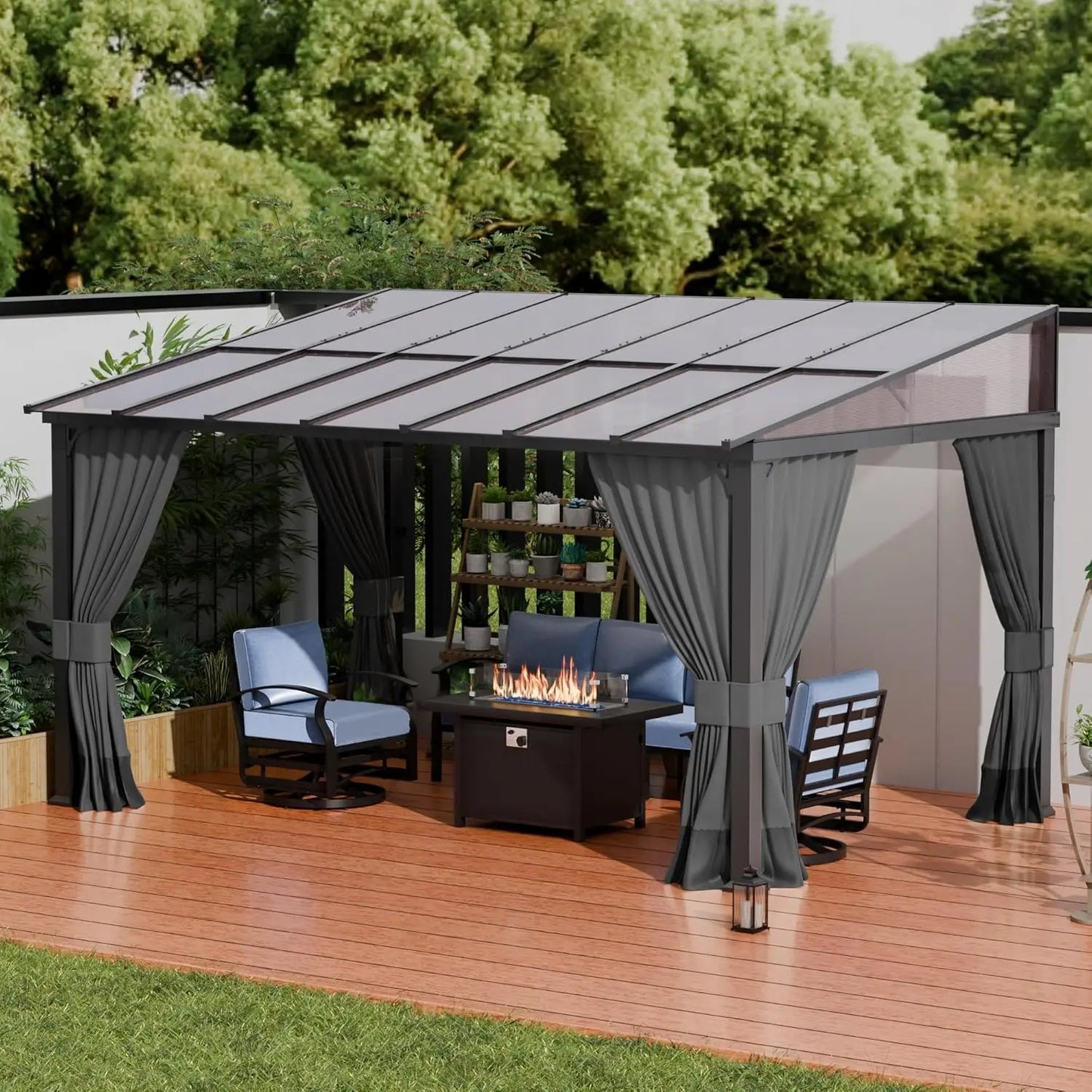 Wall Mounted Hardtop Pergola With Curtains And Netting Sunshade