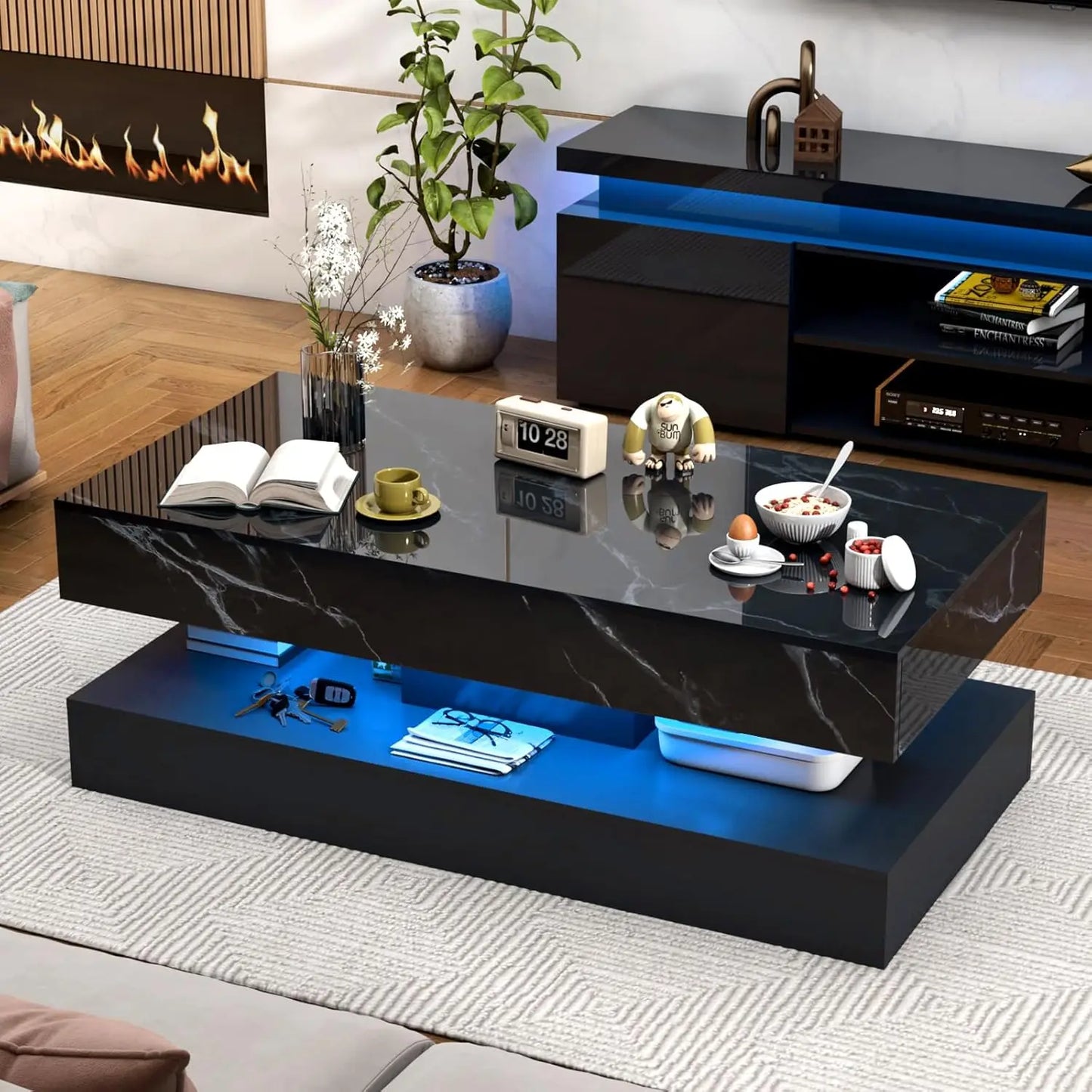 QiaoShiRen Modern LED Coffee Table With Two Storage Drawers