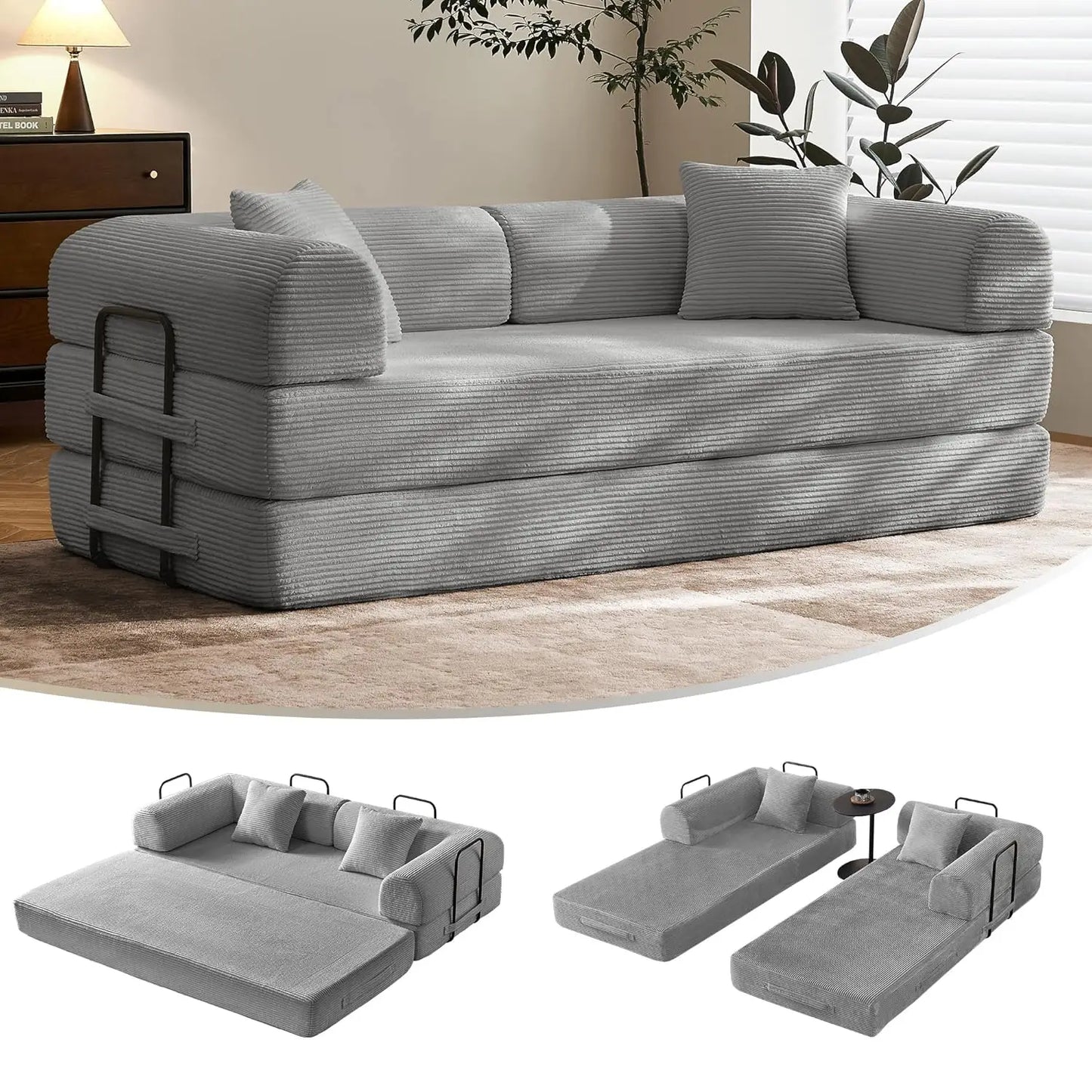 Corduroy Convertible Sofa Bed With Fixed Frame And Removable Armrests