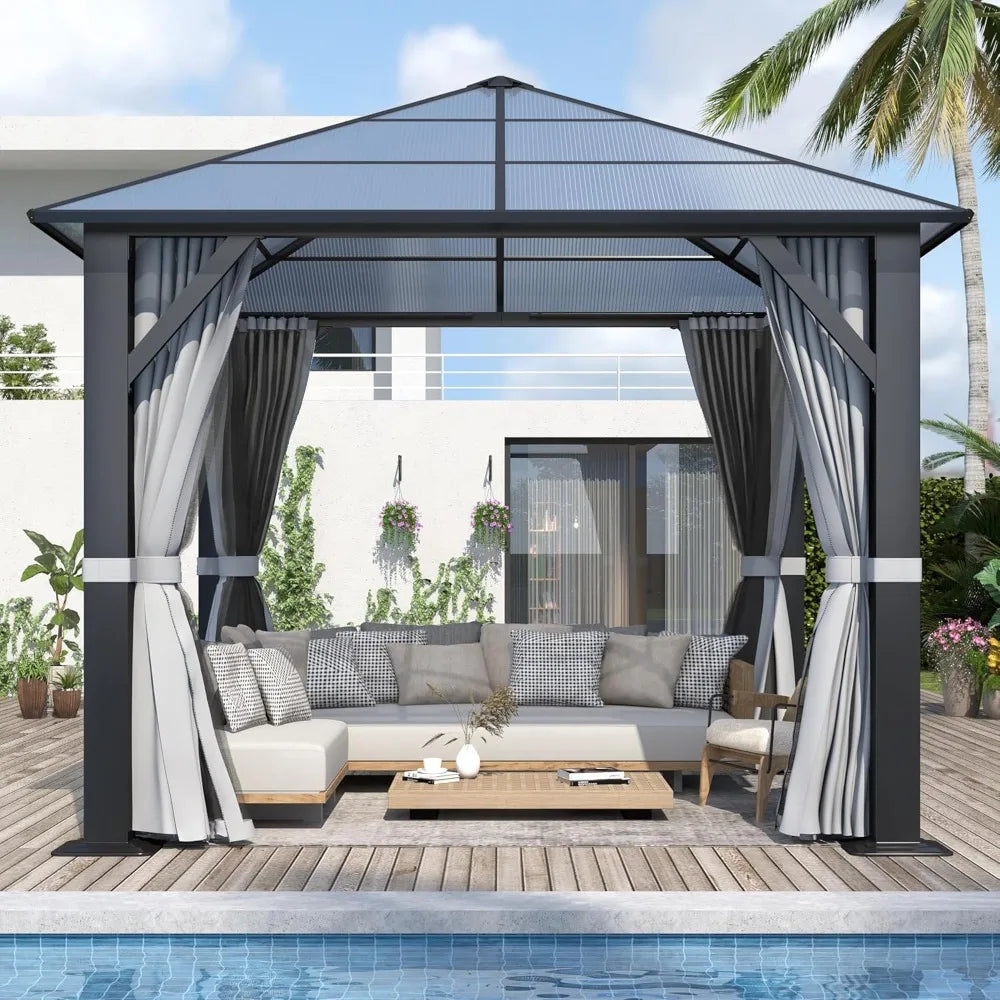 Patio Hardtop Gazebo With Waterproof Polycarbonate Roof Steel Frame