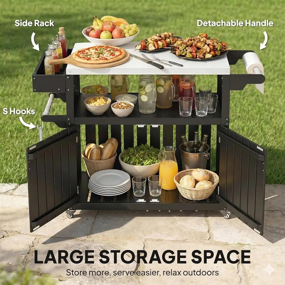 Outdoor Bar Cart With Storage Cabinet On Wheels Stainless Top