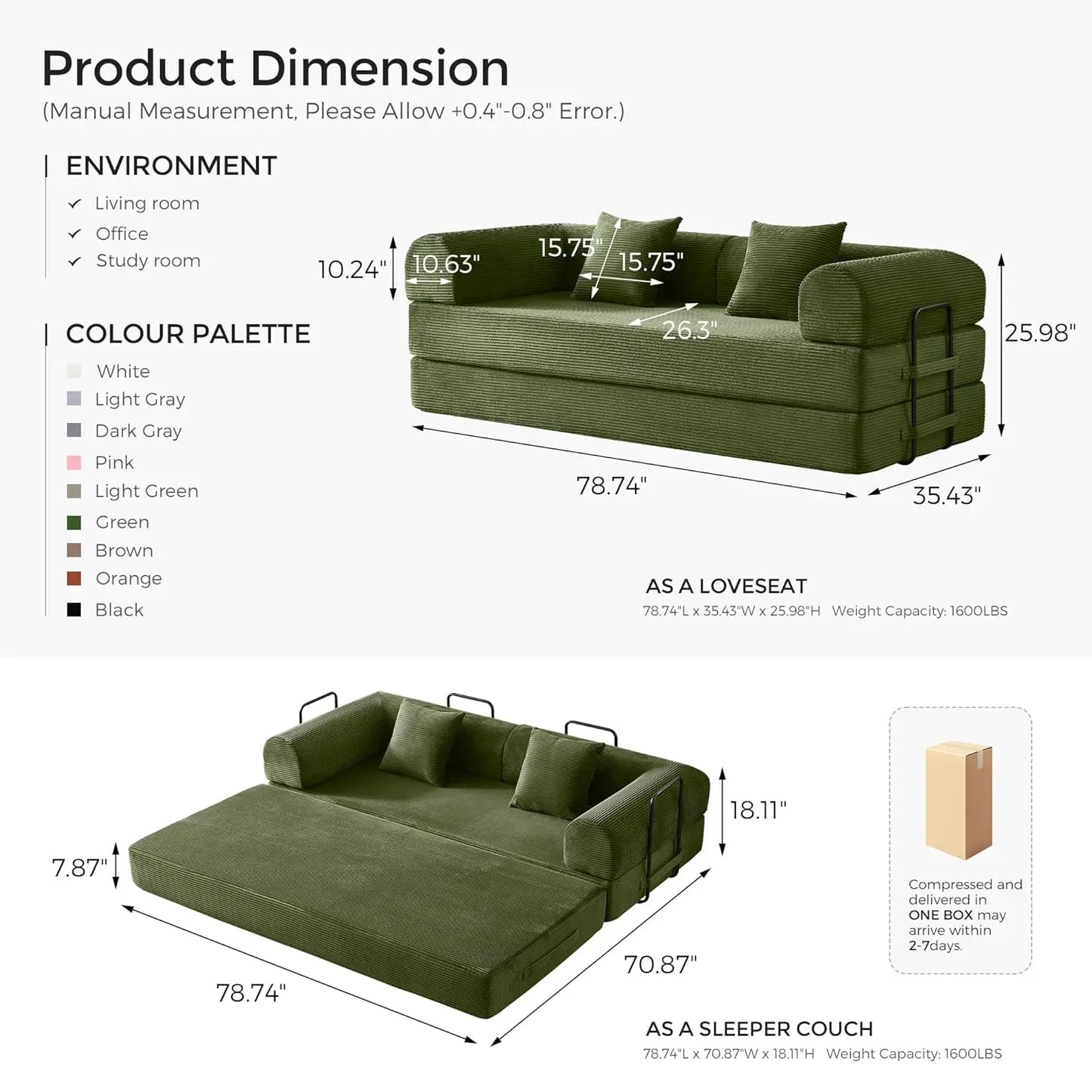 Corduroy Convertible Sofa Bed With Fixed Frame And Removable Armrests