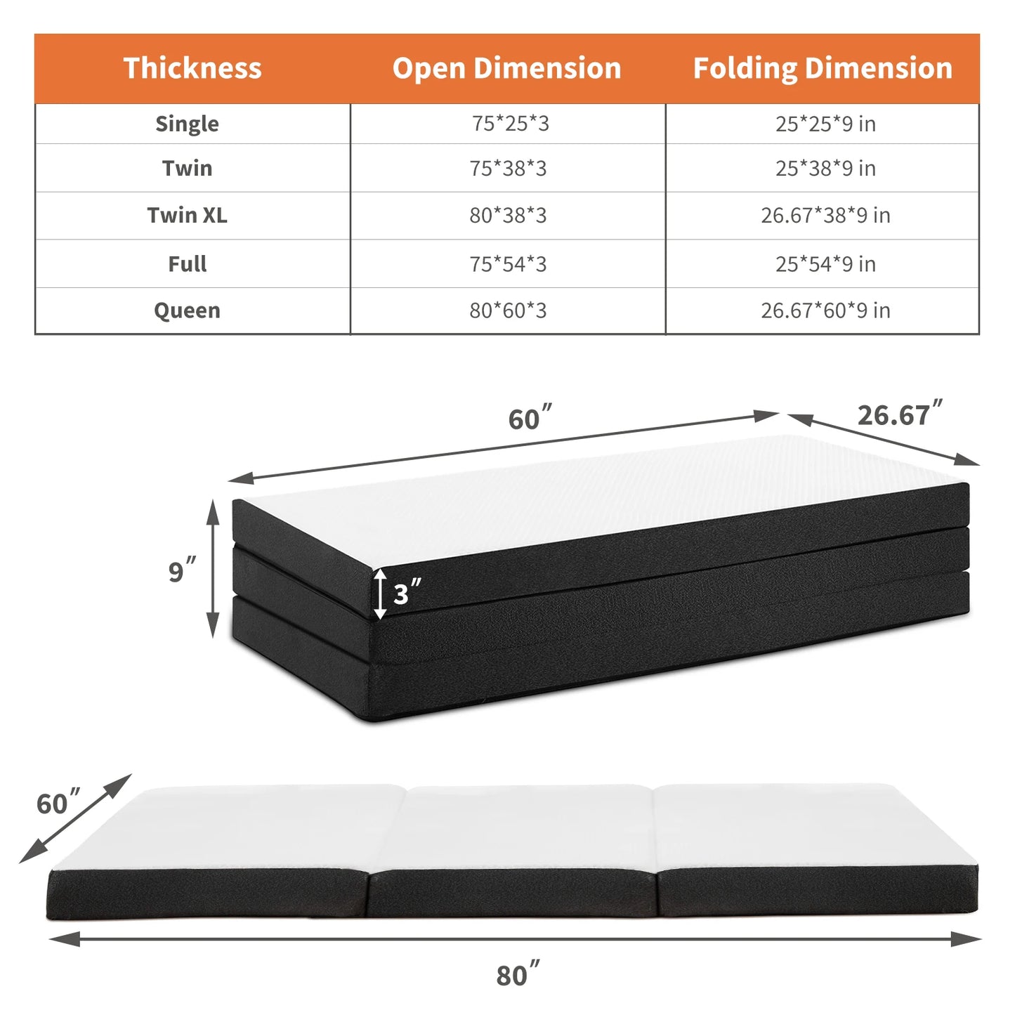 JHK Tri-Fold Memory Foam Mattress With Collapsible Washable Cover