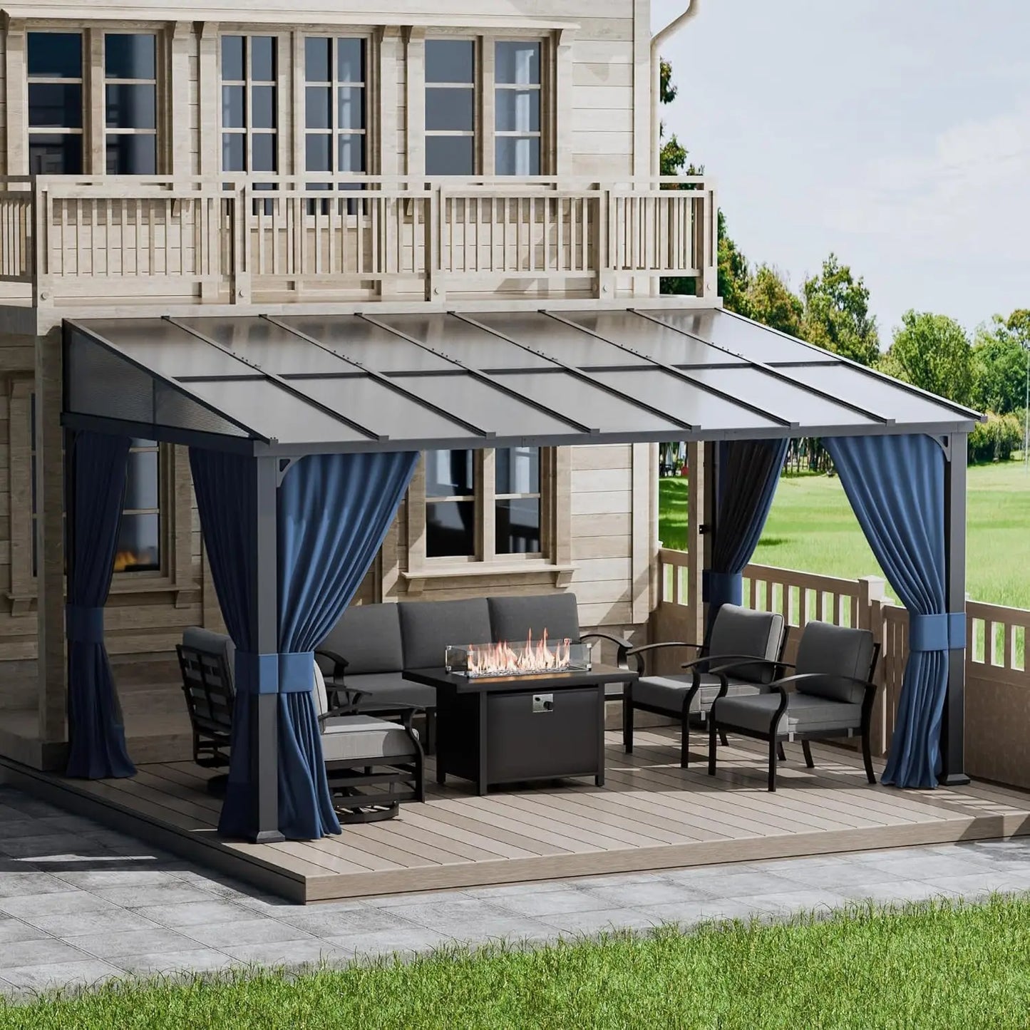 Wall Mounted Hardtop Pergola With Curtains And Netting Sunshade