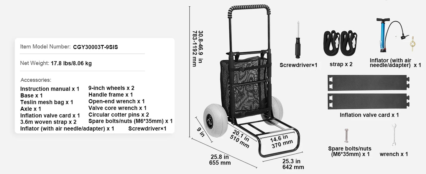 SucceBuy Beach Dolly With Big Wheels Sand Cart 165Lbs Capacity