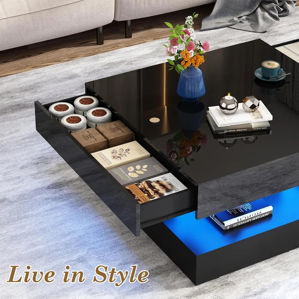 LED Coffee Table With Storage Modern Center Table With Drawers