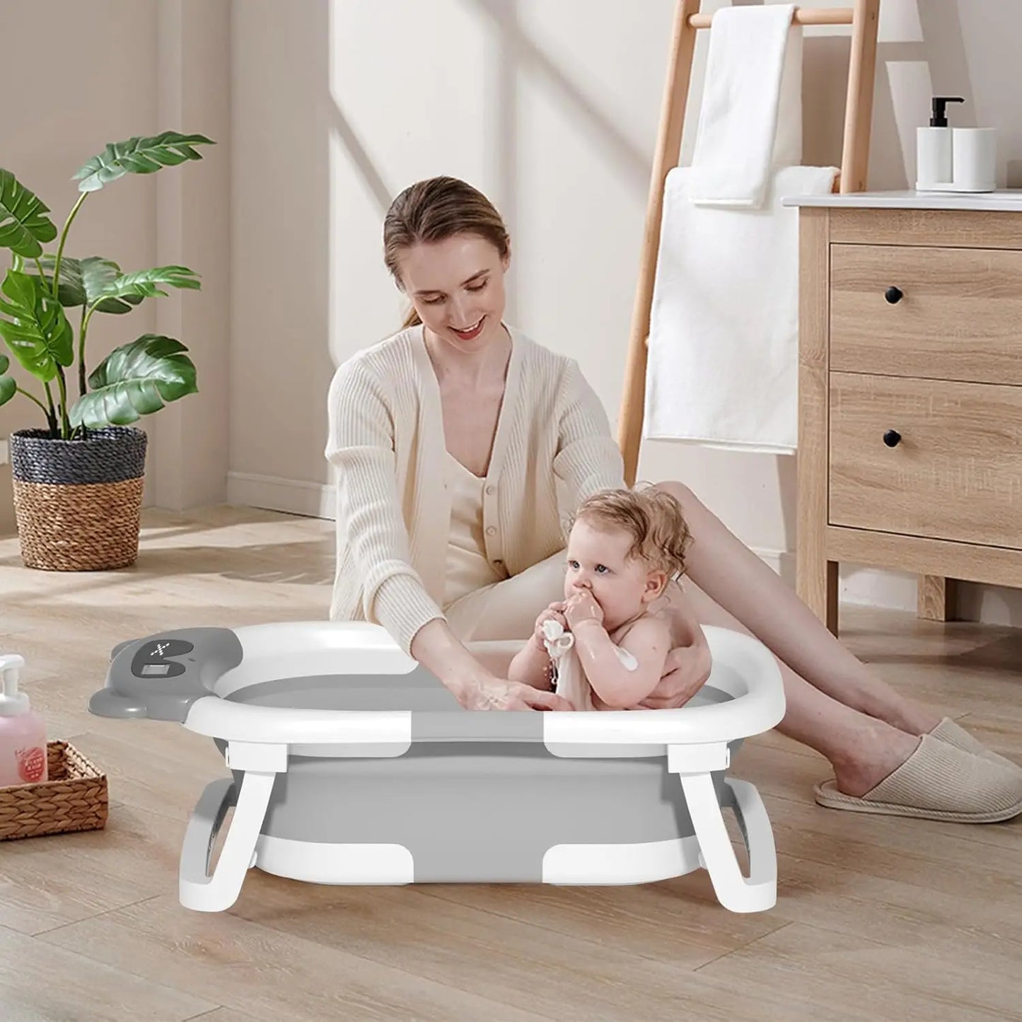 Baby Bath Tub With Cushion Thermometer Foldable Design