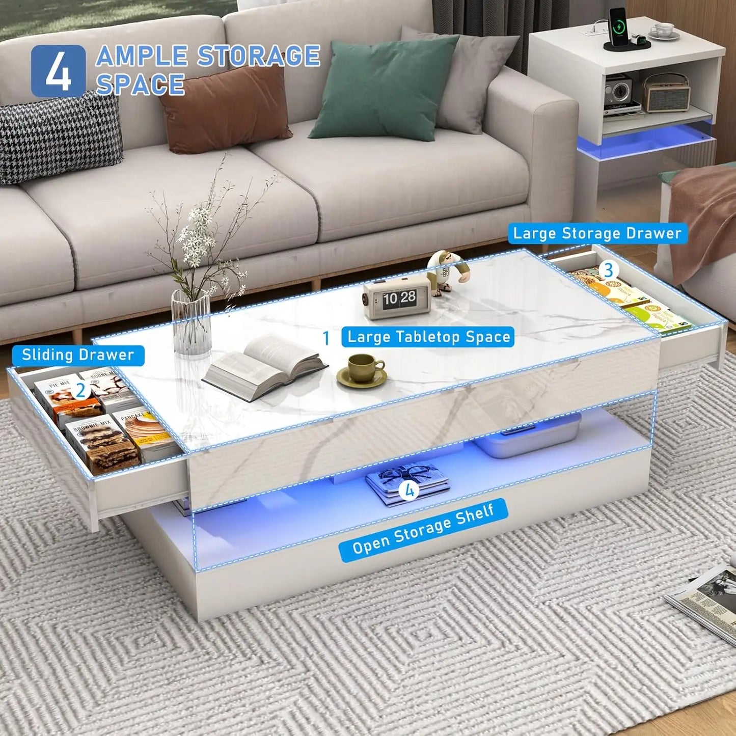 QiaoShiRen Modern LED Coffee Table With Two Storage Drawers