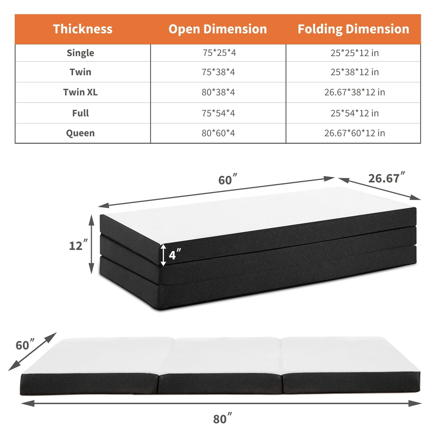 JHK Tri-Fold Memory Foam Mattress With Collapsible Washable Cover