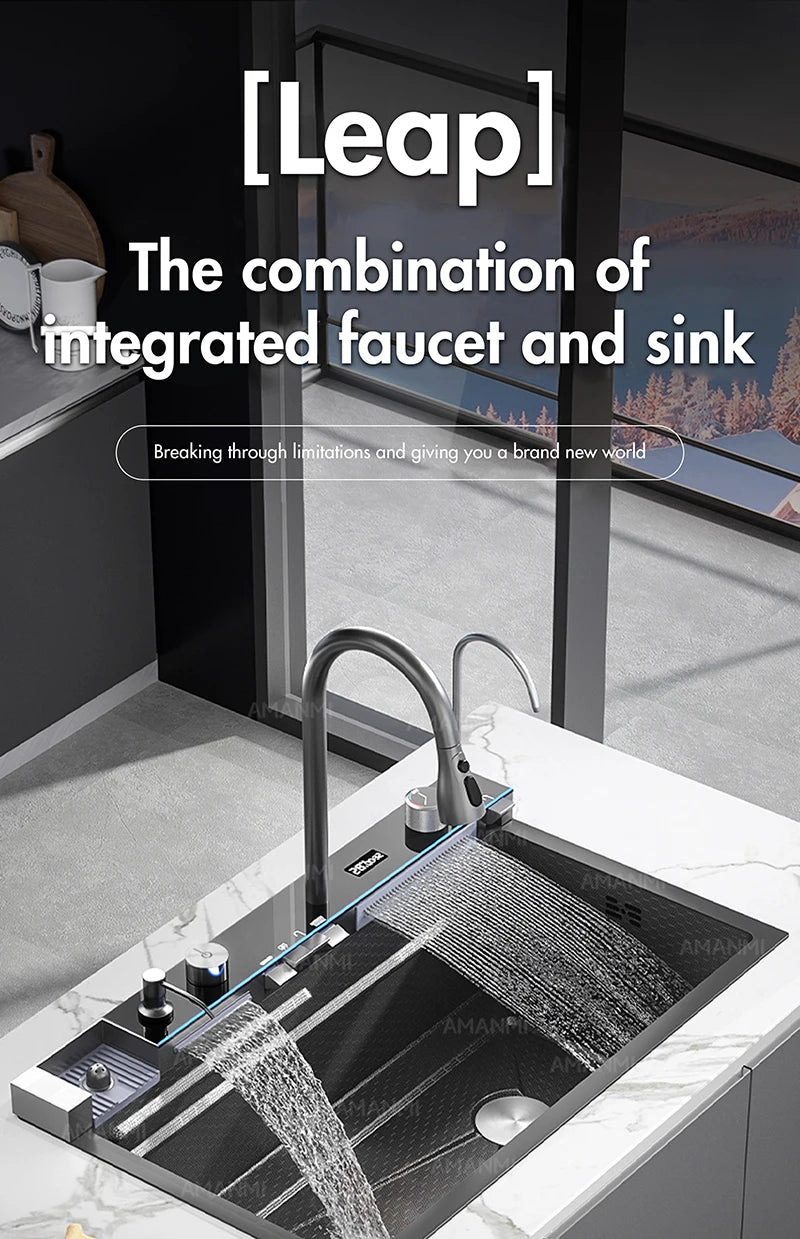 MYQualife 304 Stainless Steel Waterfall Kitchen Sink With Digital Display Faucet