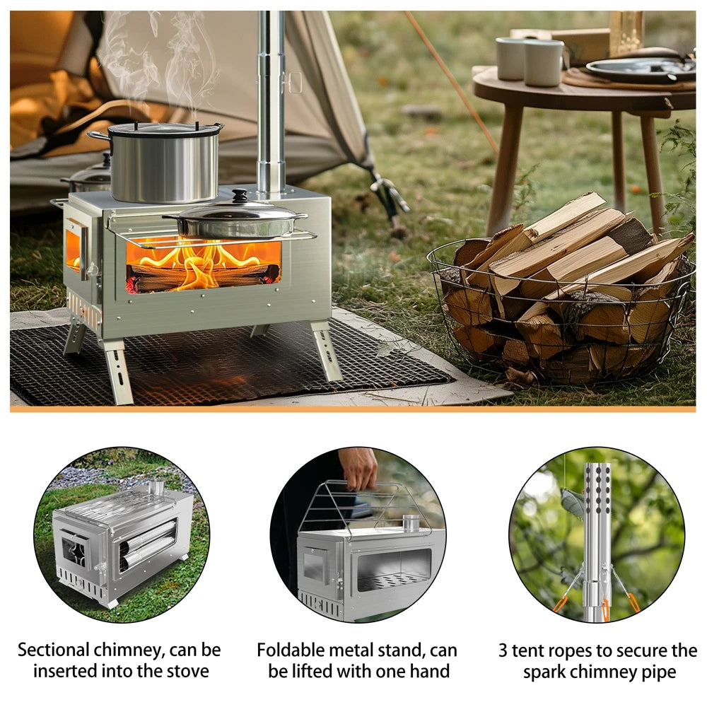 Portable Stainless Steel Wood Burning Stove With 7 Chimney Pipes