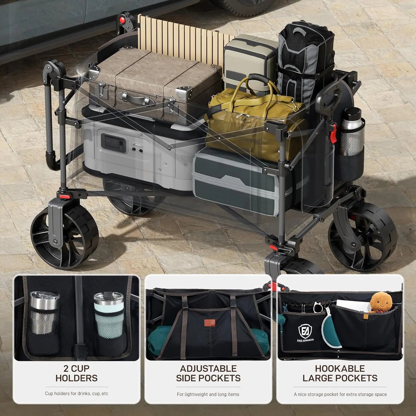 Portable Folding Push Wagon With Canopy And Brakes All Terrain Wheels