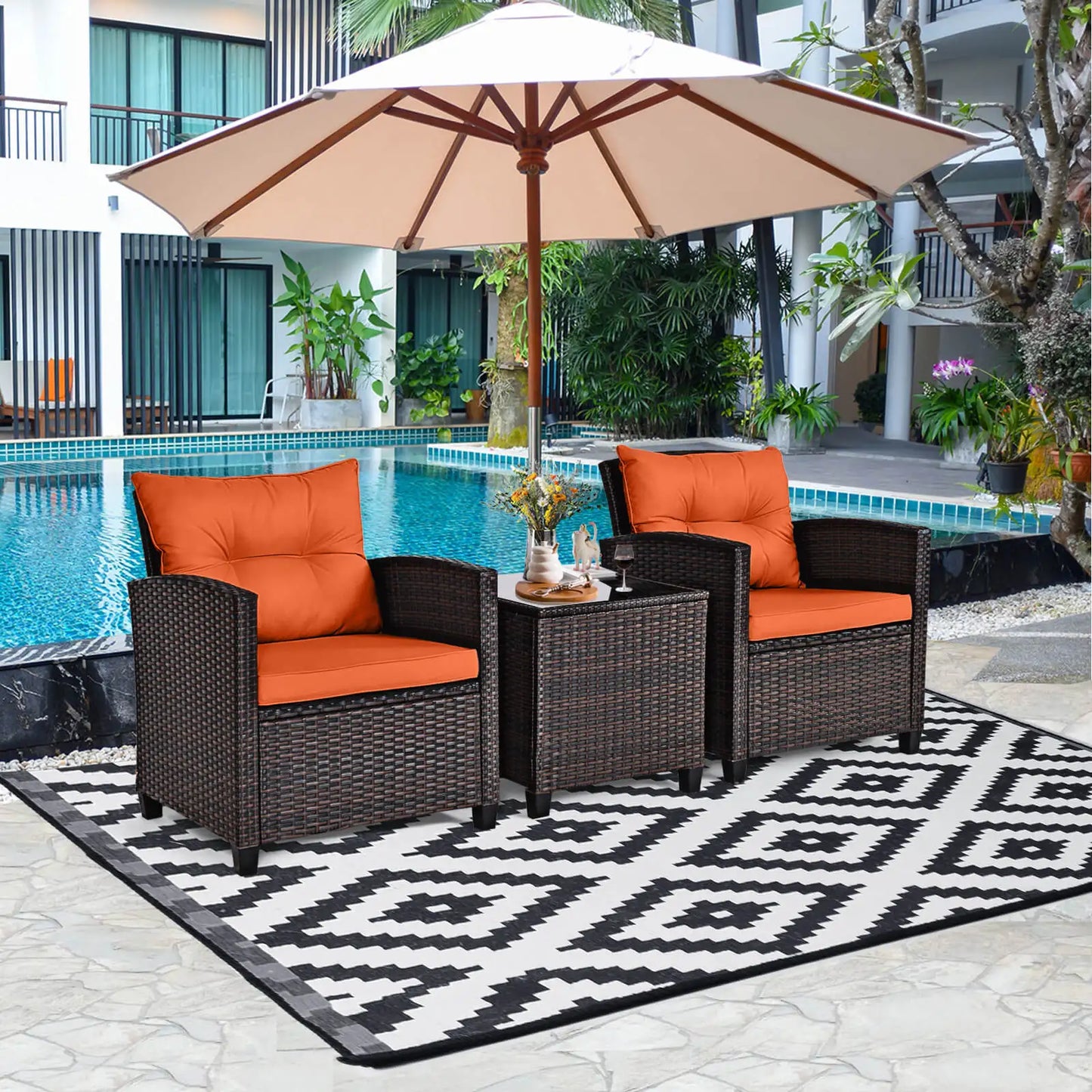 HOMASIS 3-Piece Patio Rattan Cushioned Conversation Set