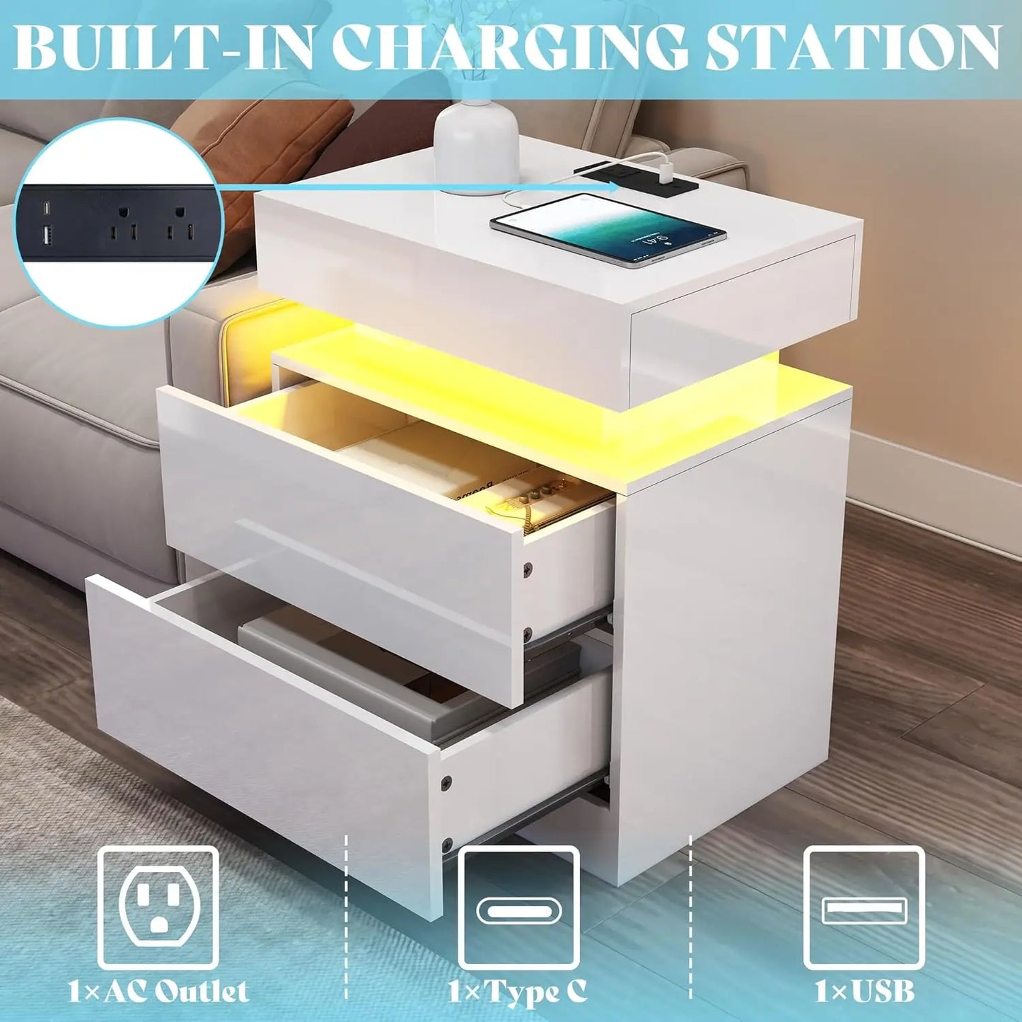 Modern High Gloss Living Room Table Set With Integrated LED