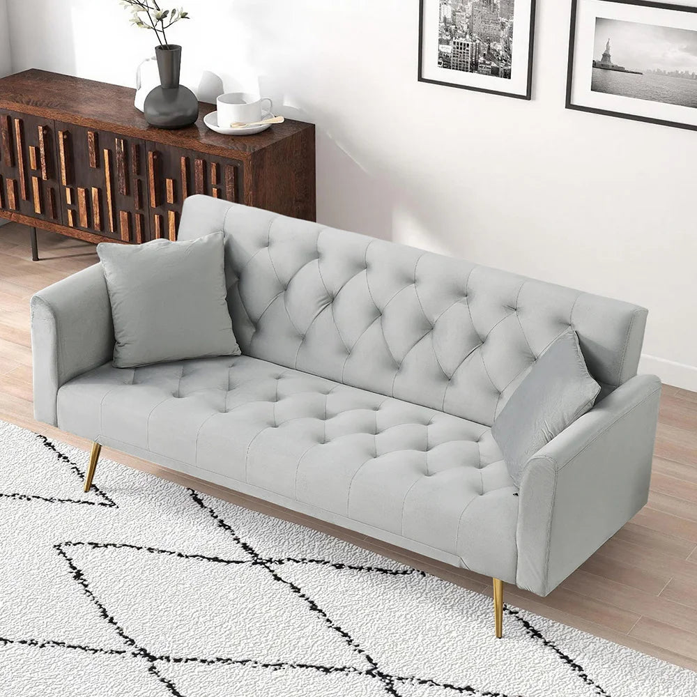 Velvet Convertible Futon Sofa Bed With Gold Metal Legs And 3 Position Backrest