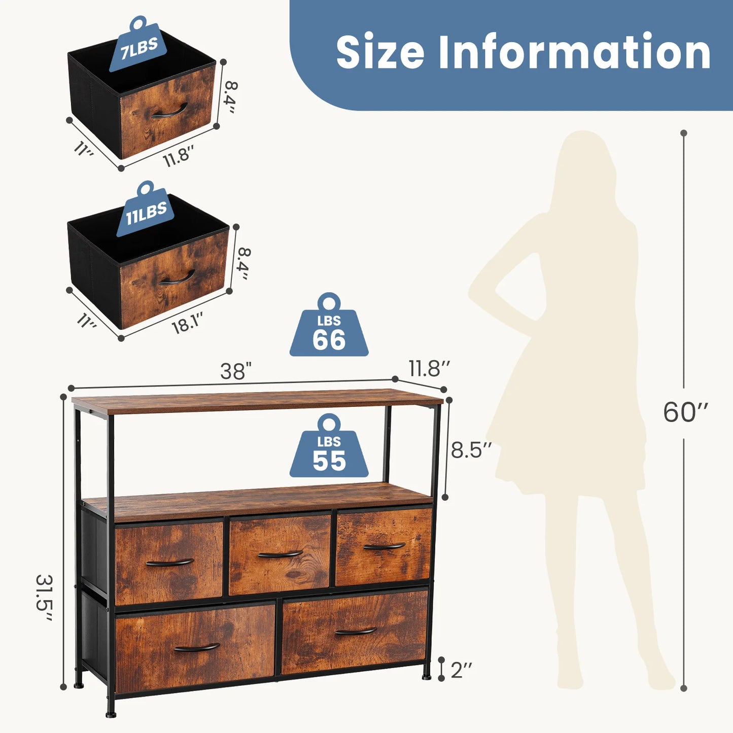 JHK Fireplace TV Stand Dresser With Fabric Drawers Storage Cabinet