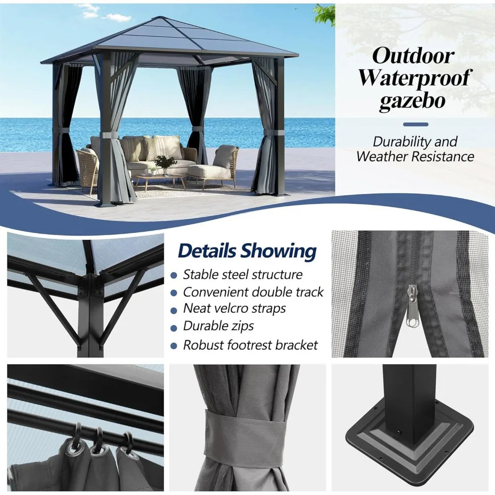 Patio Hardtop Gazebo With Waterproof Polycarbonate Roof Steel Frame