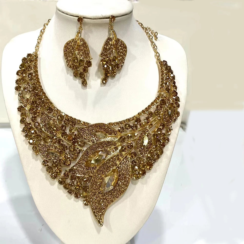 African Bridal Rhinestone Necklace And Earrings Set Wedding Jewelry