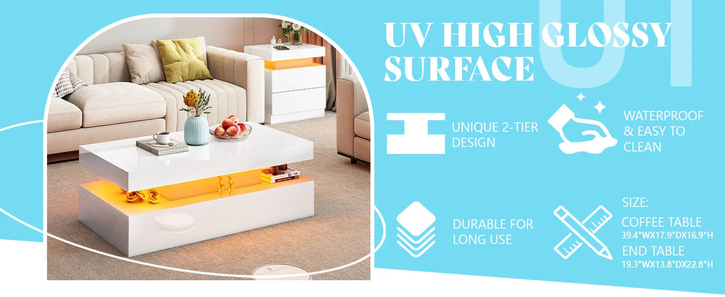 Modern High Gloss Living Room Table Set With Integrated LED