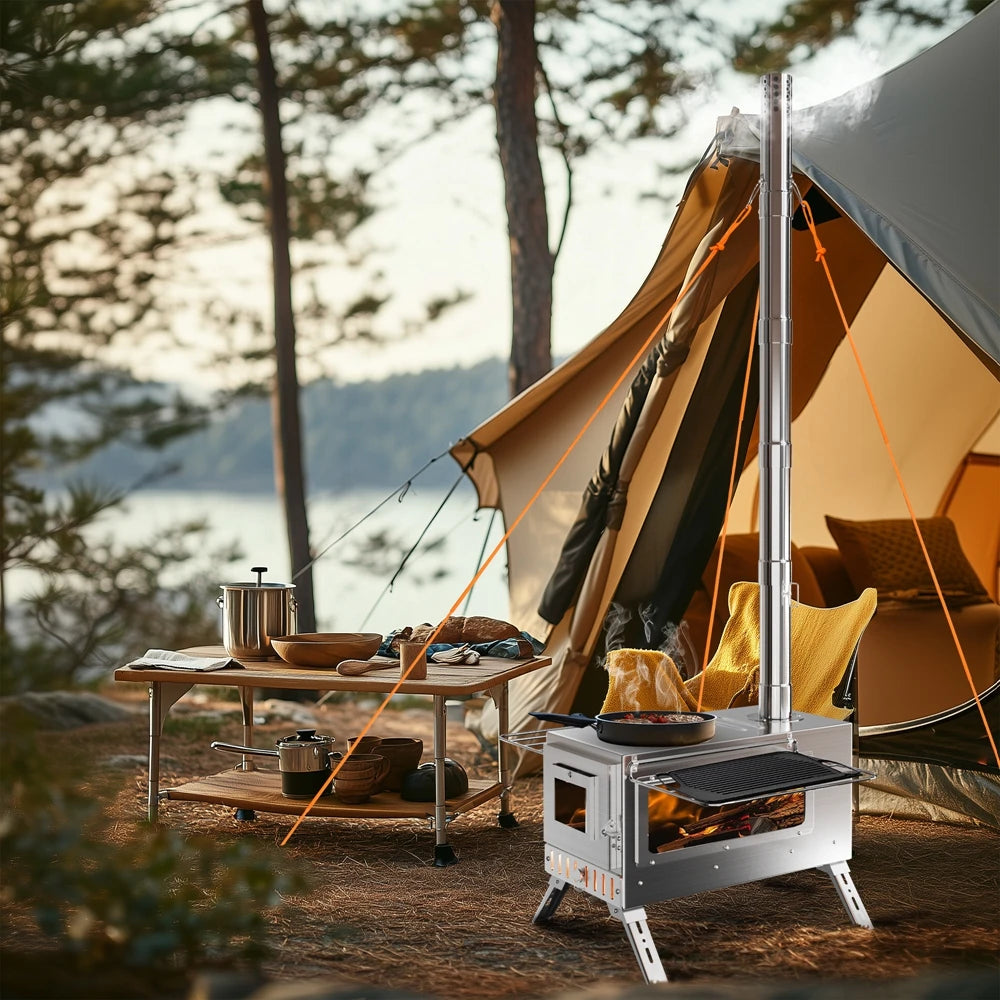 Portable Stainless Steel Wood Burning Stove With 7 Chimney Pipes