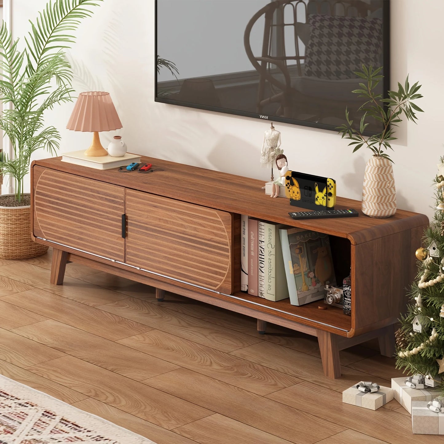 Mid Century Modern TV Stand With Fluted Sliding Door