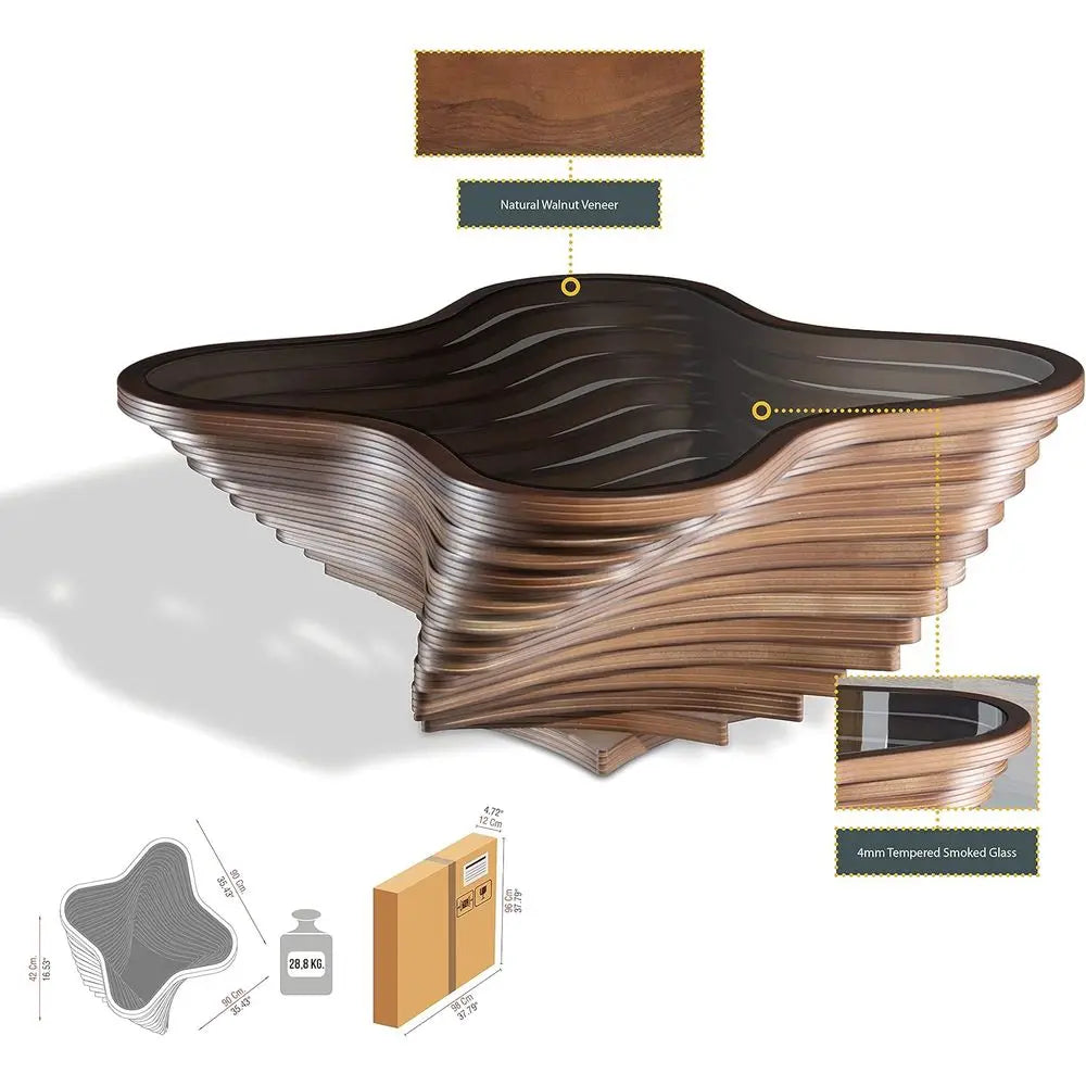 Contemporary Wave Coffee Table With Natural Walnut Veneer And Glass