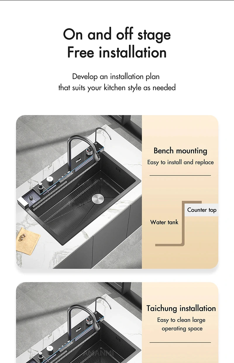 MYQualife 304 Stainless Steel Waterfall Kitchen Sink With Digital Display Faucet