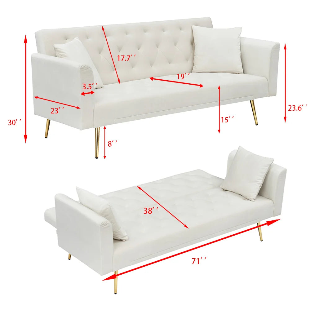 Velvet Convertible Futon Sofa Bed With Gold Metal Legs And 3 Position Backrest