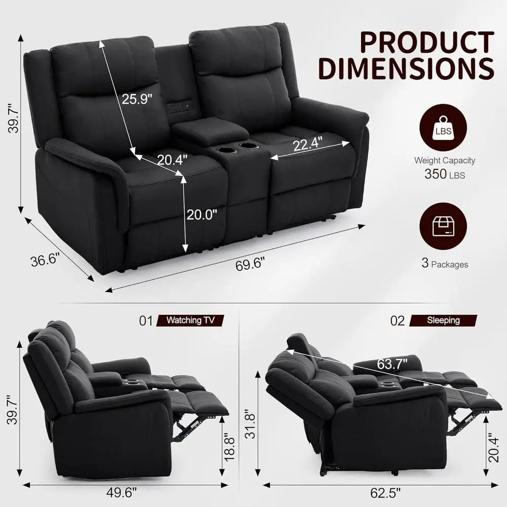 Reclining Loveseat With USB Ports, Cup Holders, And US Outlets