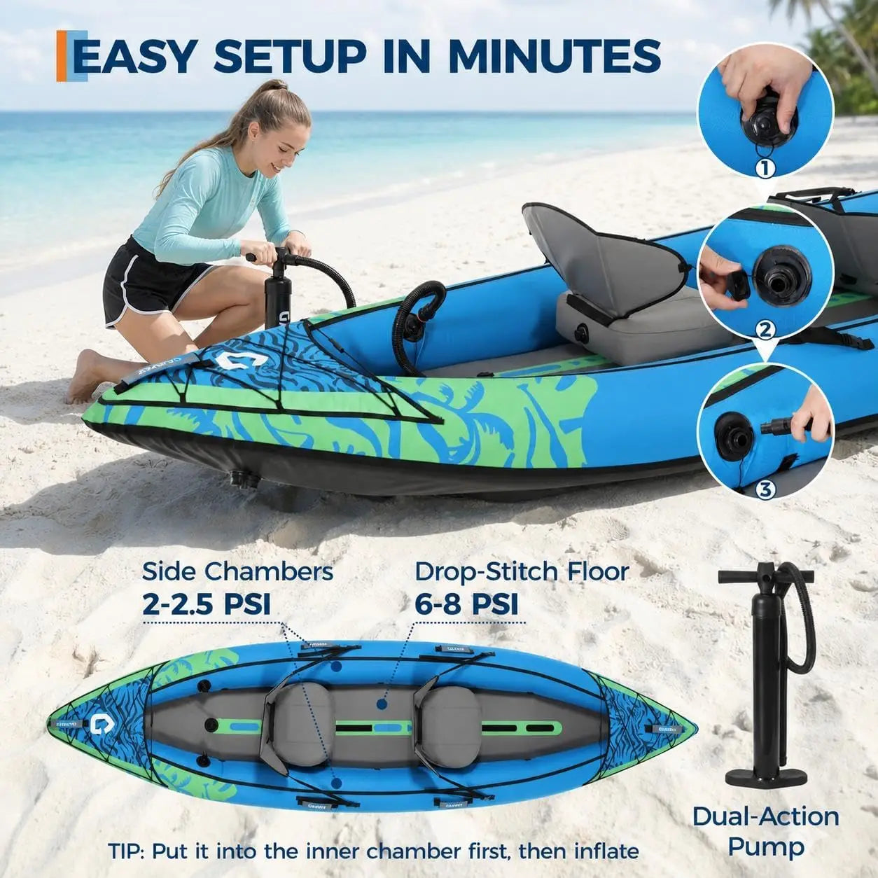 Heavy-Duty Inflatable Tandem Kayak With Adjustable Seats And Paddles