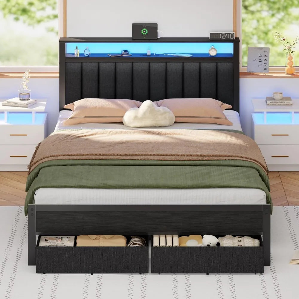 Bed Frame Charging Station And LED Lights, Upholstered Headboard Platform Bed