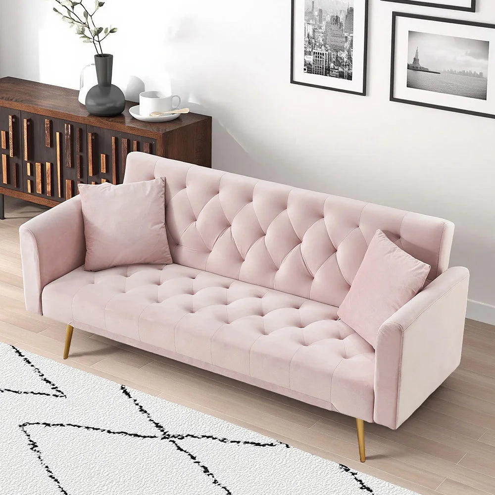 Velvet Convertible Futon Sofa Bed With Gold Metal Legs And 3 Position Backrest