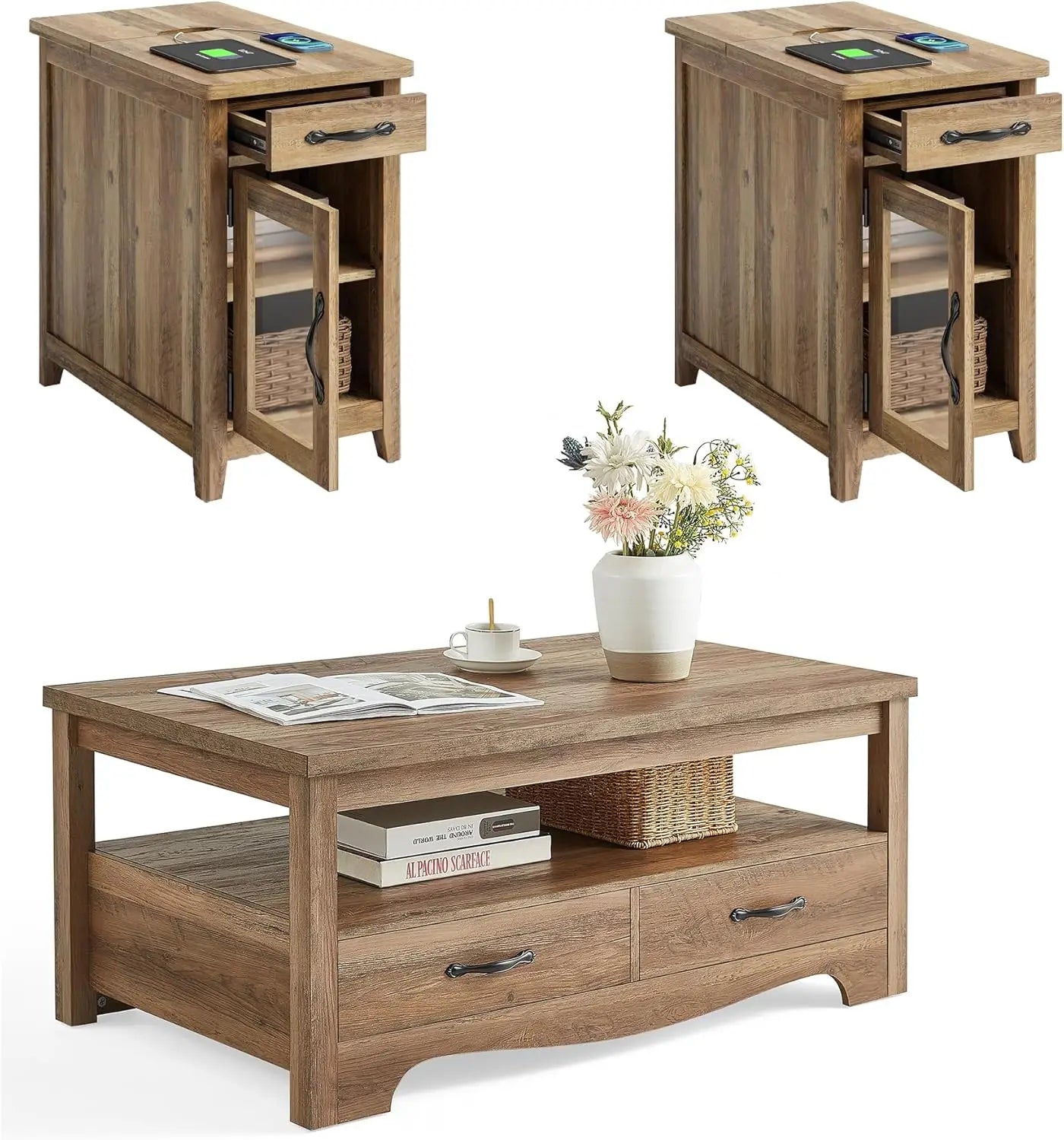 Farmhouse Coffee Table Set Wood Living Room 3 Piece