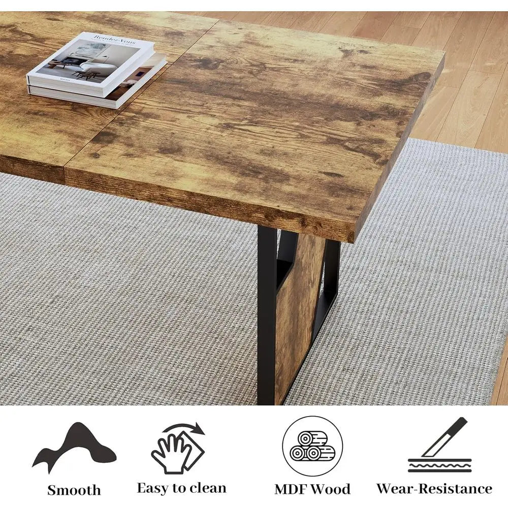 Modern Wooden Dining Table Set With Two Benches For Office