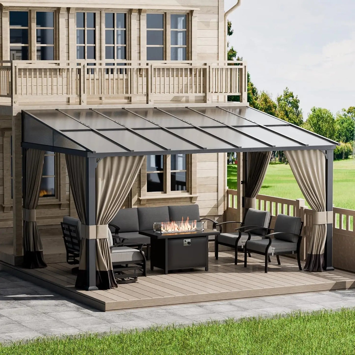 Wall Mounted Hardtop Pergola With Curtains And Netting Sunshade