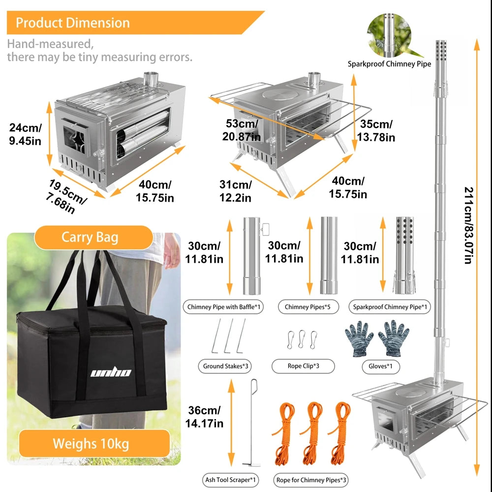 Portable Stainless Steel Wood Burning Stove With 7 Chimney Pipes