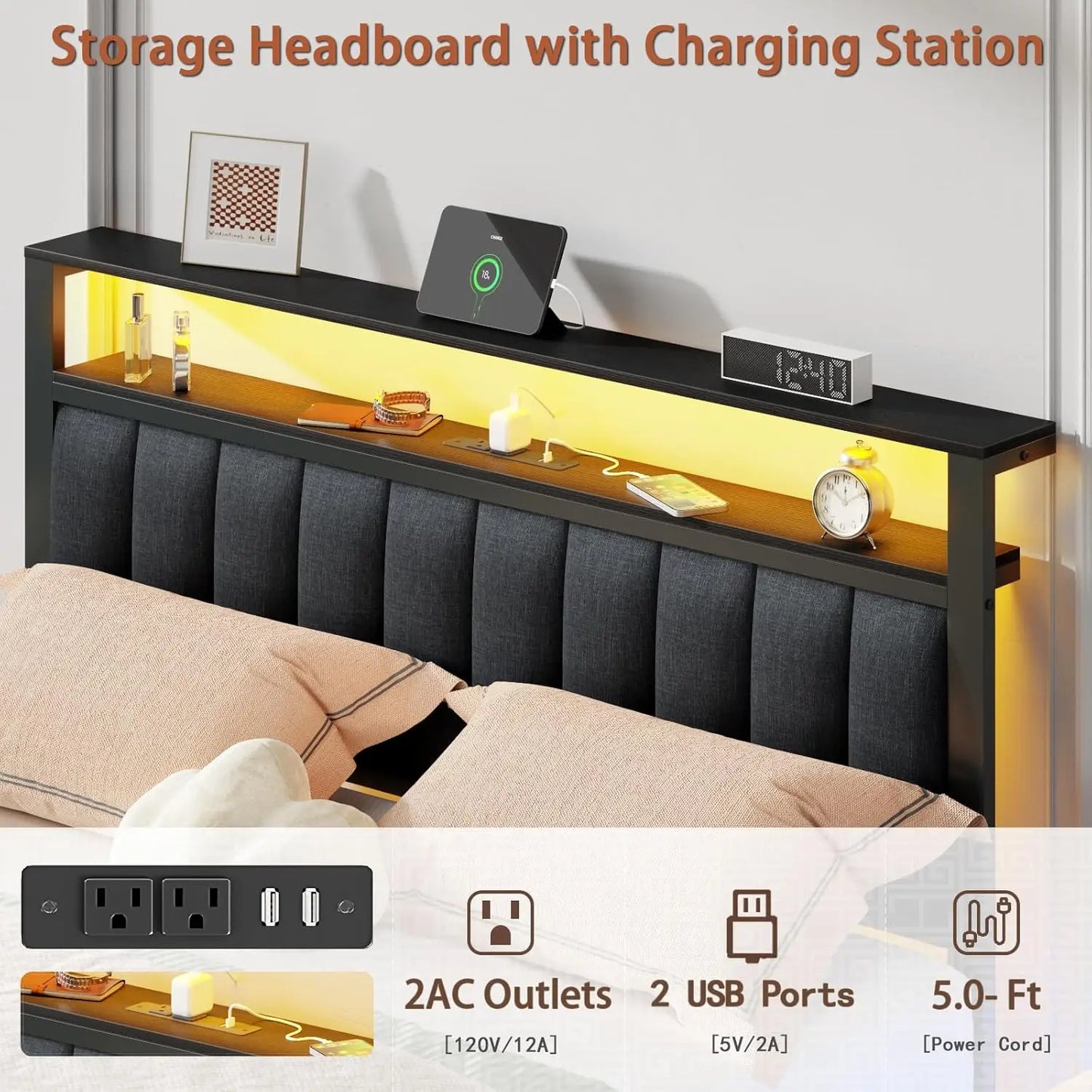 Bed Frame Charging Station And LED Lights, Upholstered Headboard Platform Bed