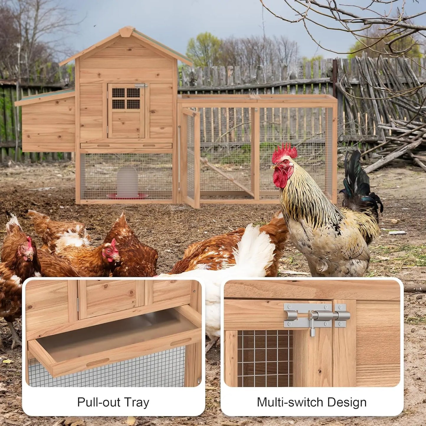 Outdoor Wooden Chicken Coop With Waterproof Roof And Ramp