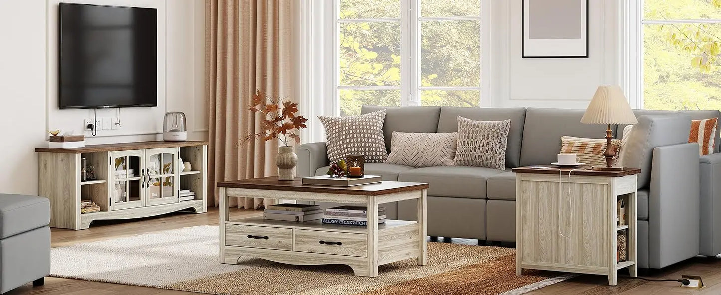 Farmhouse Coffee Table Set Wood Living Room 3 Piece