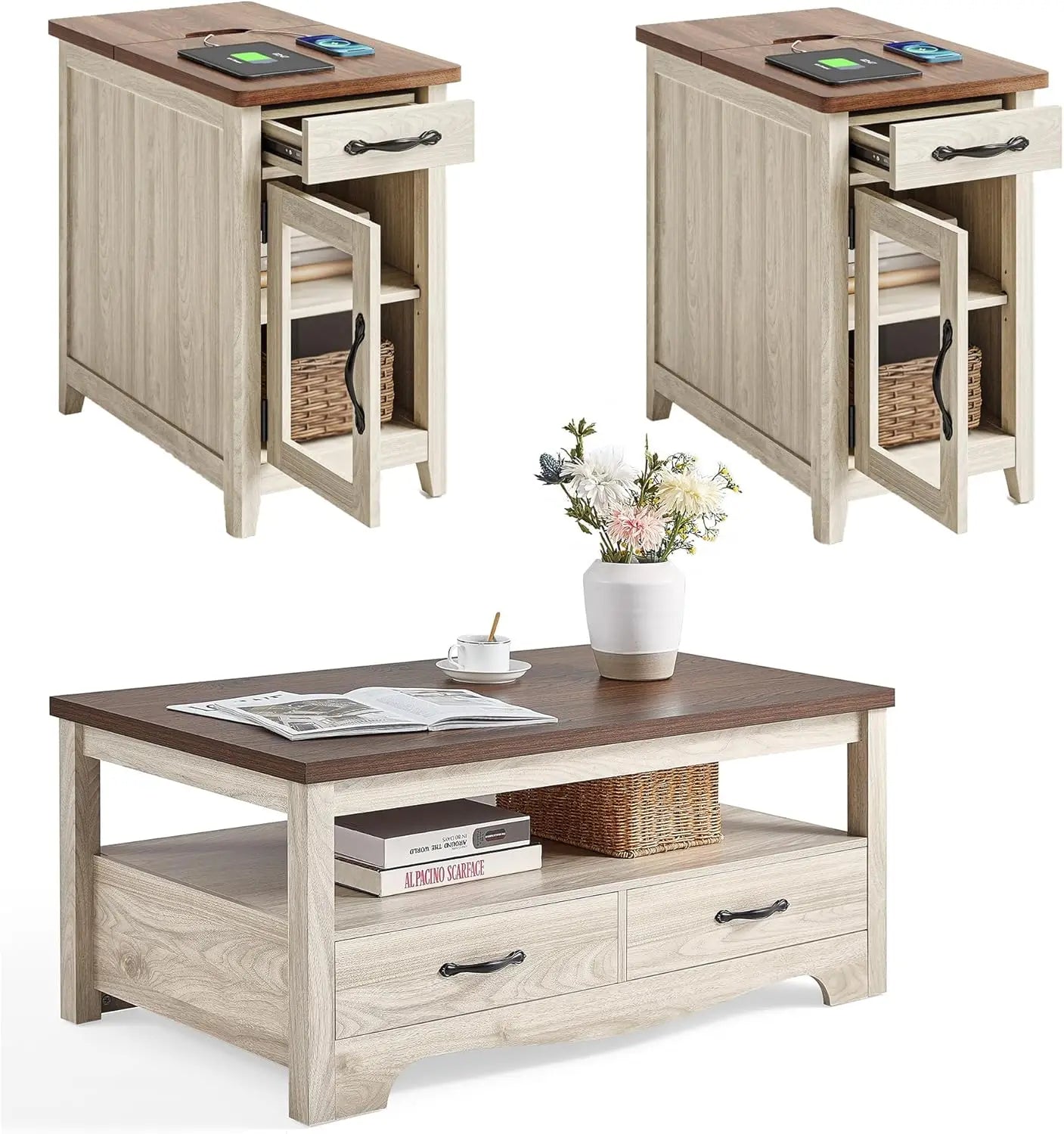 Farmhouse Coffee Table Set Wood Living Room 3 Piece