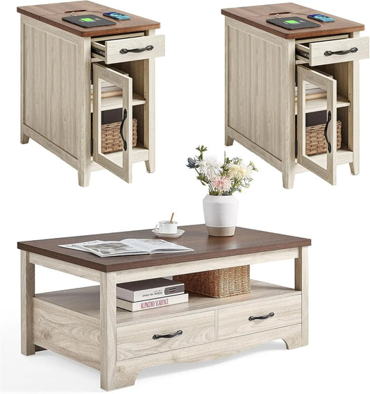 Farmhouse Coffee Table Set Wood Living Room 3 Piece