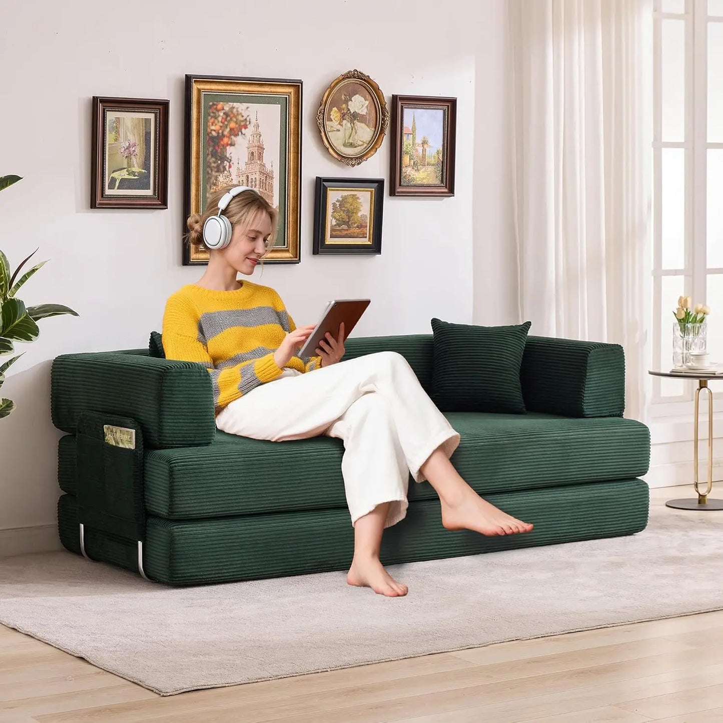 Convertible Sleeper Sofa 5-In-1 Folding Mattress Fixed Frame