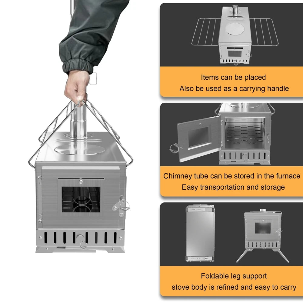 Portable Stainless Steel Wood Burning Stove With 7 Chimney Pipes
