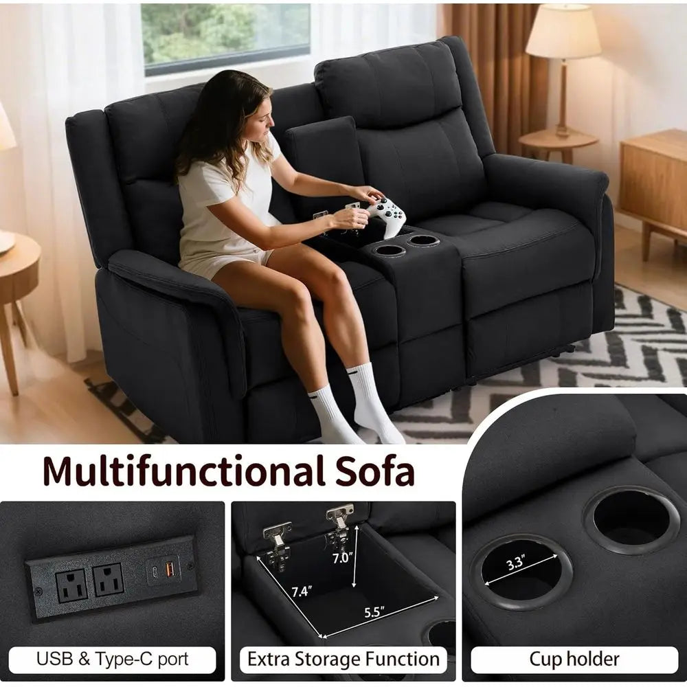 Reclining Loveseat With USB Ports, Cup Holders, And US Outlets