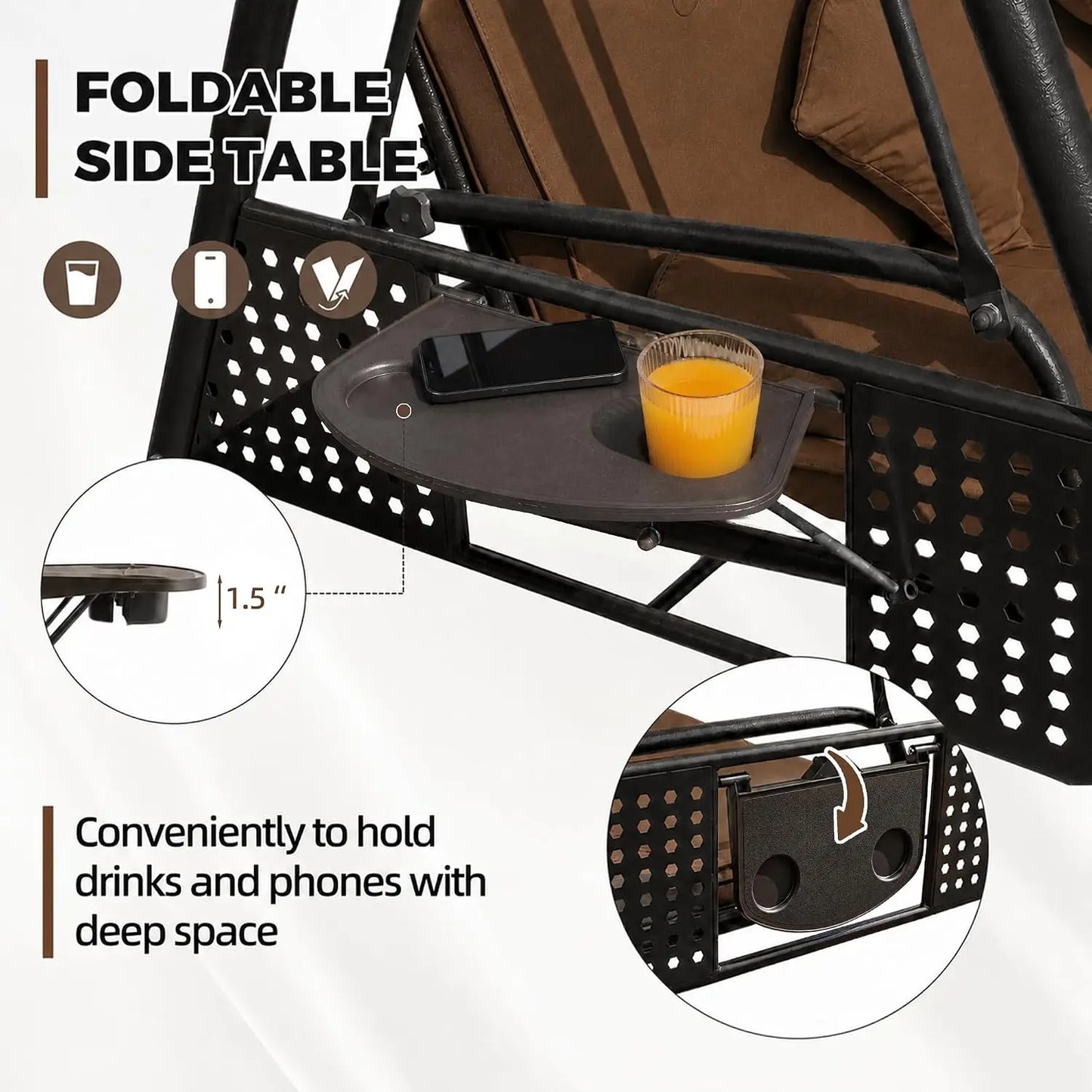 Outdoor Metal Patio Swing Chair With Canopy And Side Trays