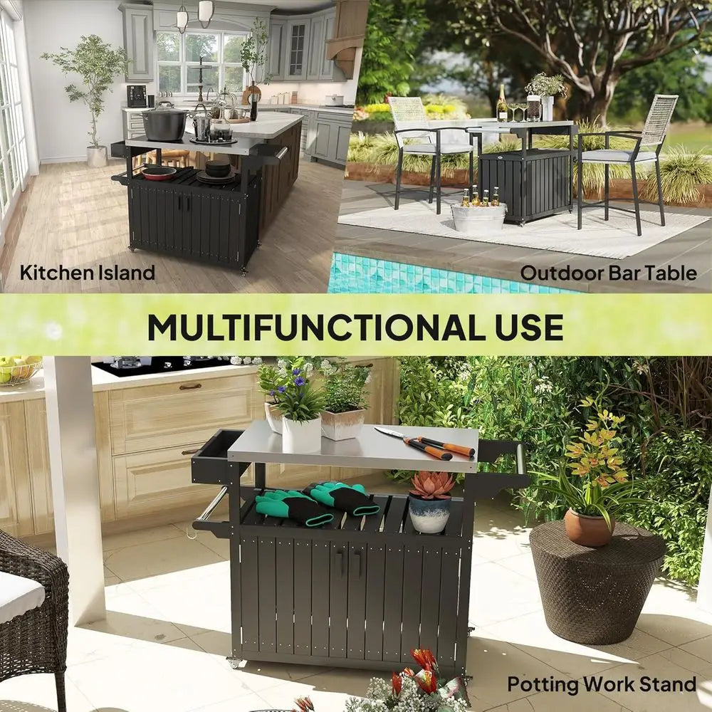 Outdoor Bar Cart With Storage Cabinet On Wheels Stainless Top