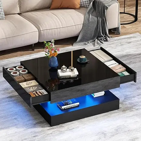LED Coffee Table With Storage Modern Center Table With Drawers