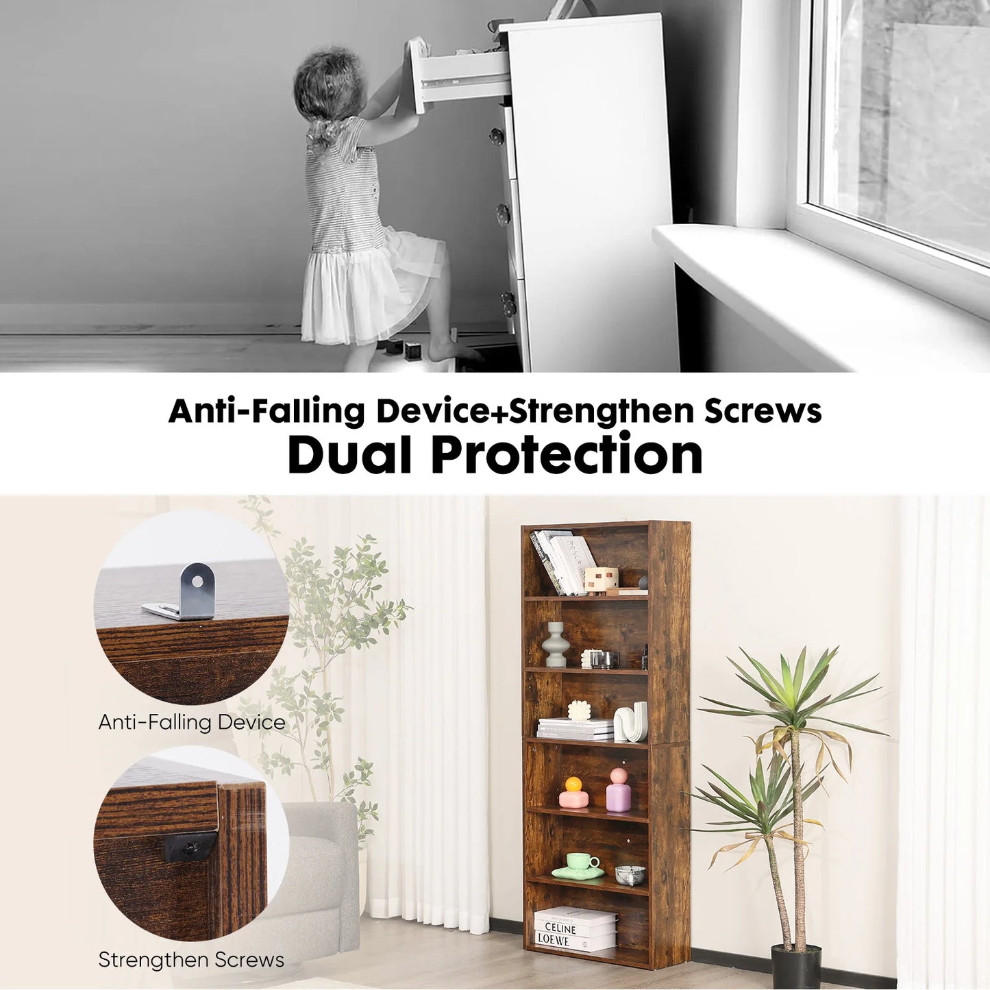JHK Six Tier Wooden Shelf Bookcase For Living Room Office
