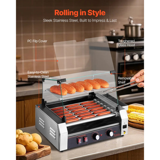 VEVOR Commercial Hot Dog Rollers Stainless Steel Dual Temperature Control