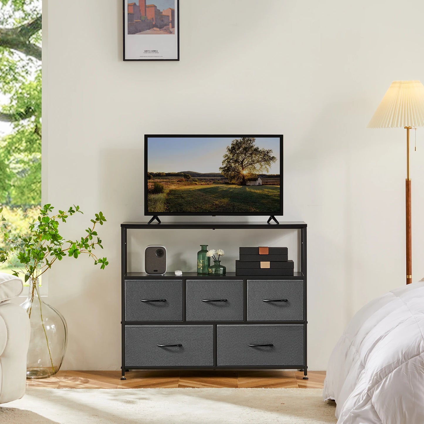 JHK Fireplace TV Stand Dresser With Fabric Drawers Storage Cabinet